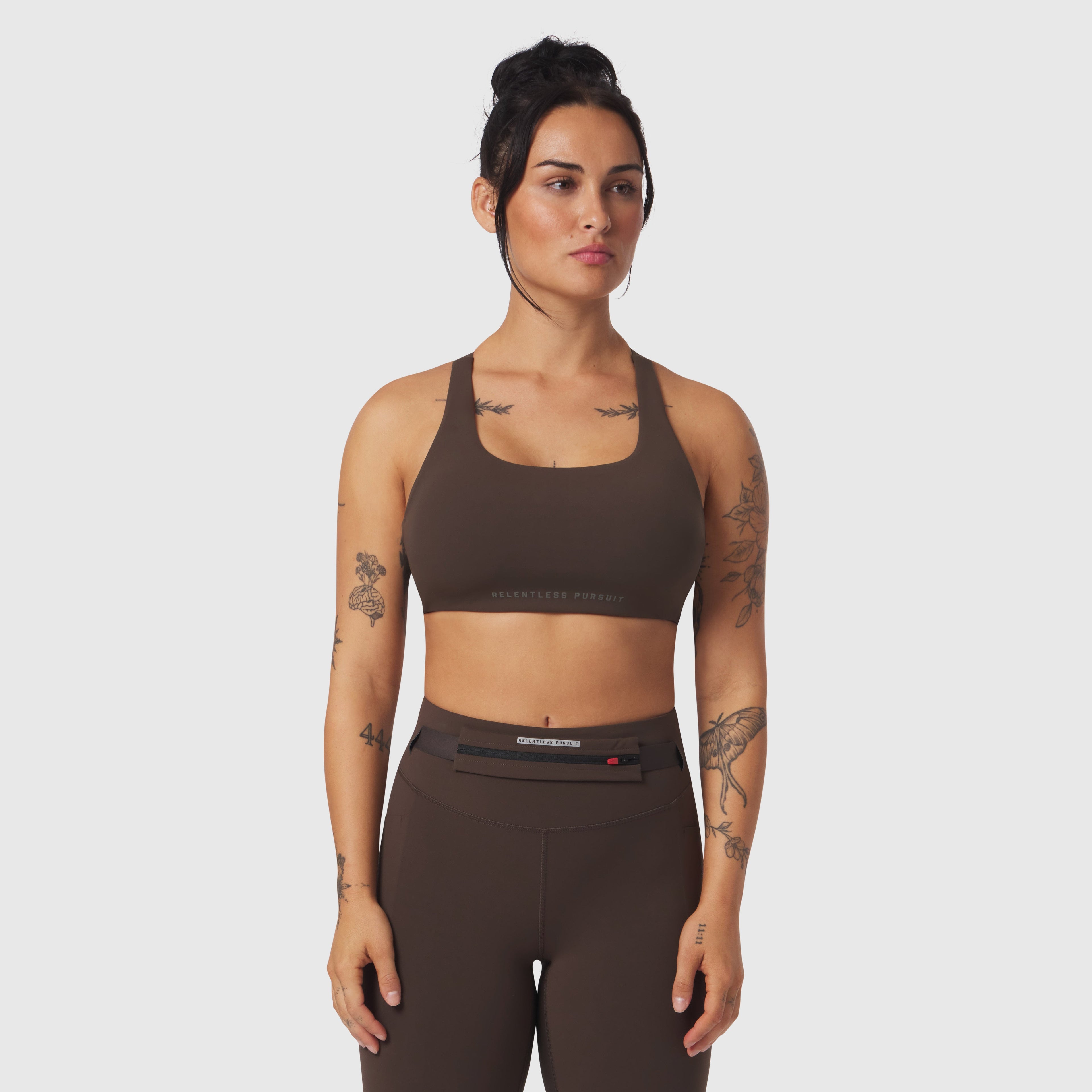W039. LYCRA® Hybrid Sports Bra - Dark Earth