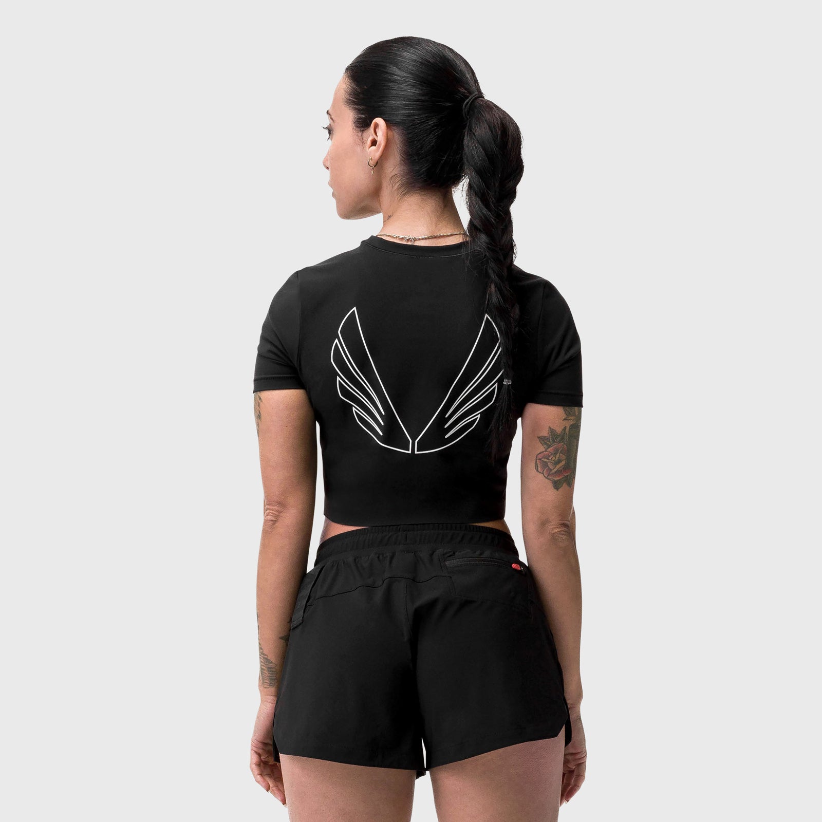 W019. LYCRA® Cropped Tee - Black "Big Wings"